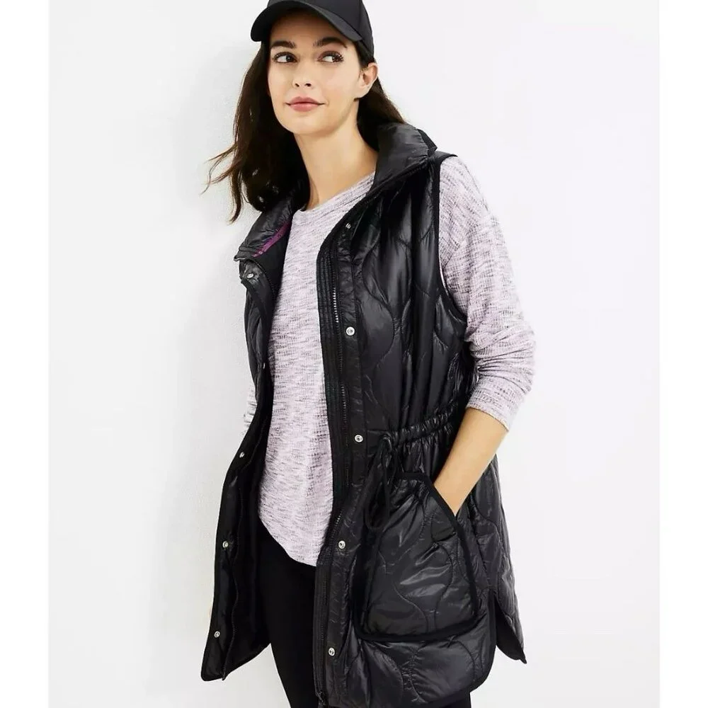 Lou & Grey Black Quilted Puffer Vest Womens Smel Cinch Waist Lightweight - Picture 2 of 8